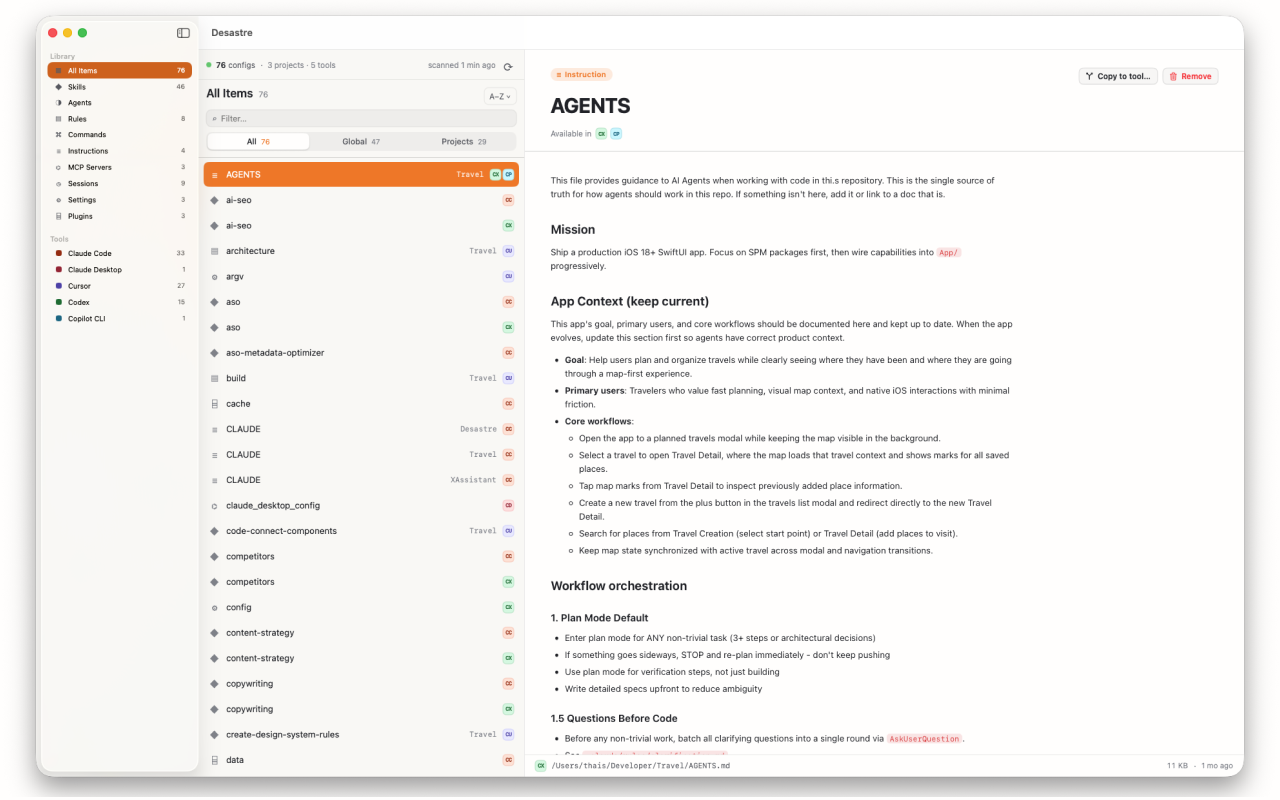 Desastre main window showing 76 AI config files from 5 tools — Claude Code skills, Cursor rules and AGENTS.md files in a Finder-style inventory