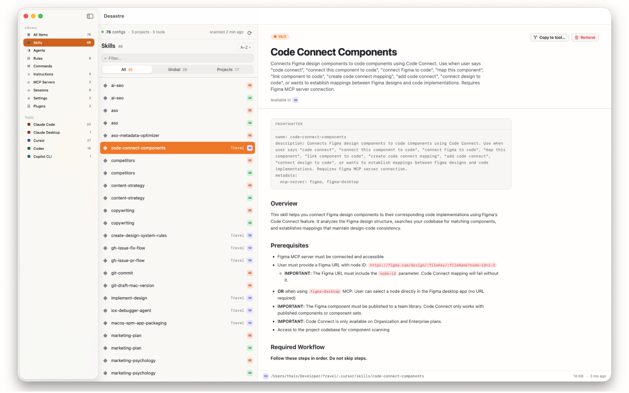 Desastre file preview rendering a SKILL.md with frontmatter, description and formatted Markdown body