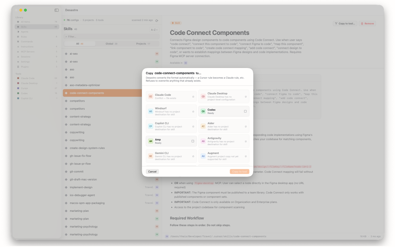 Desastre Copy to tool sheet showing cross-tool sync targets with automatic format conversion and conflict detection